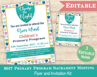 Primary Sacrament Program Invitation Sign/Flyer LDS Primary 2017 Editable PRINTABLE Choose the Right Invite Presentation Sacrament Meeting