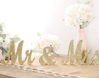 Champagne Gold Glitter Mr and Mrs Sign Wedding Table Signs for Wedding Sweetheart Table Decor/Large Wooden Mr & Mrs Letters/Ship From USA