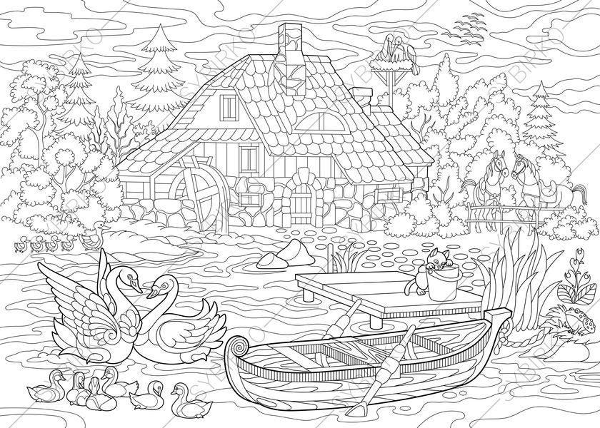 Adult Coloring Pages. Rural Landscape. Zentangle Doodle