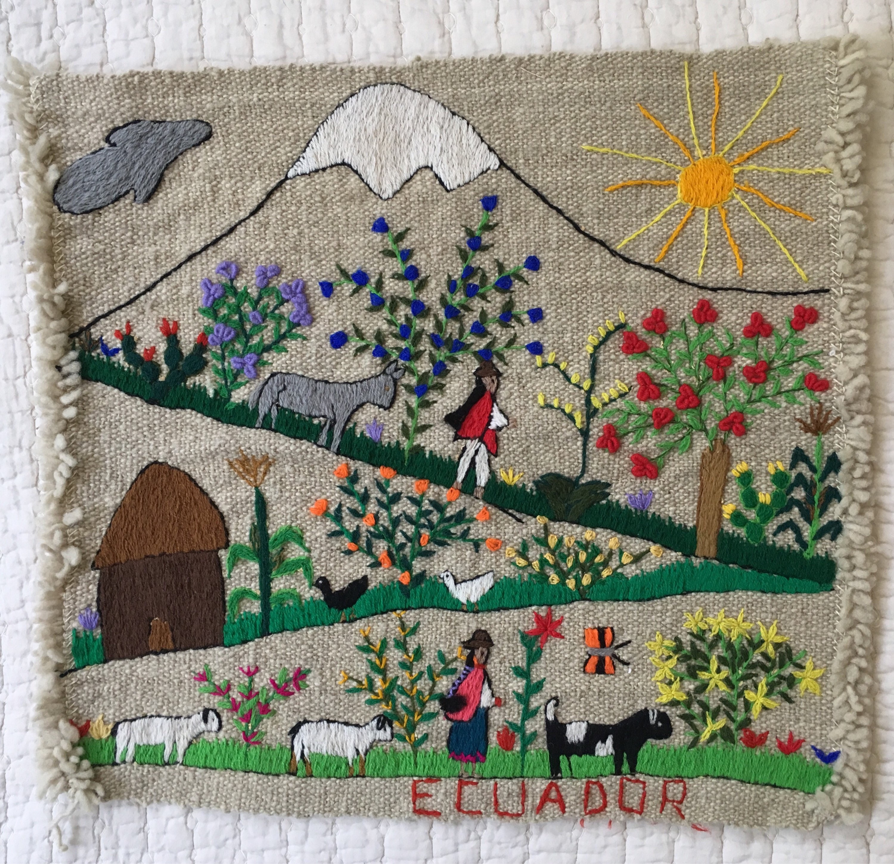 Vintage Embroidered Textile Folk Art Wall Hanging Childs Room South