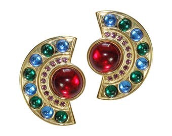 Boucles d'Oreilles Clips VINTAGE - Eventail Bleu Rouge Vert Violet