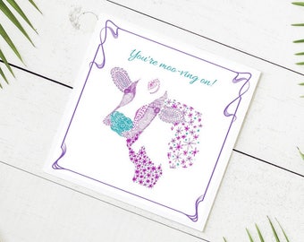 Customised Funny Leaving Card Design - You're Moo-ving On! Leaving Card featuring a Doodle Art cow - Add your text for free