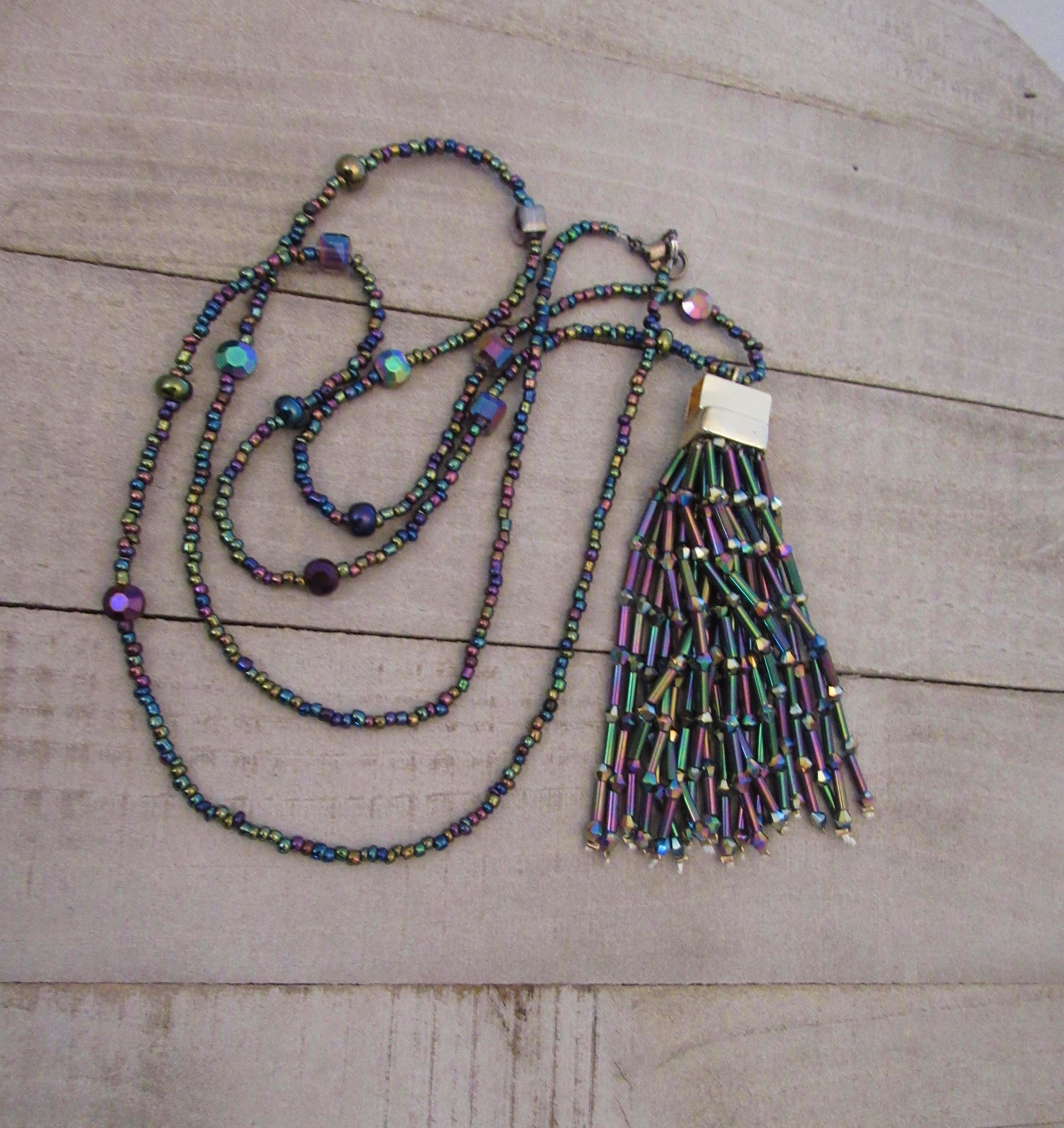 Long Tassel Necklace Statement Necklace Rainbow Seed Beads
