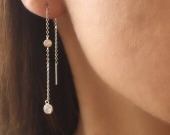 Cz Threader Earrings. Long Threader Earrings. Sterling Silver Chain Earrings. Dainty Gold Earrings