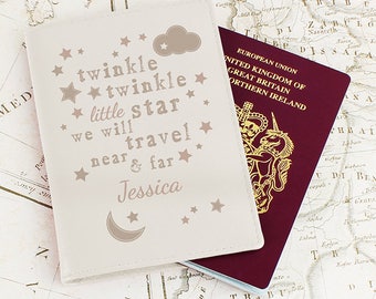 Personalised Twinkle Twinkle Cream Passport Holder. Childrens. New Baby,Christening Holiday Young Traveller Passport Cover. Genuine Leather