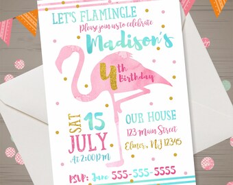 FLAMINGO Birthday Invitation Let's Flamingle Invitation Flamingo Invitation Summer Birthday Party Luau Pool Party Flamingo Party Watercolor