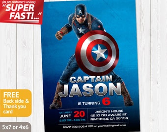 Captain America Invitation PRINTABLE, Captain America Birthday Invitation, Captain America Invite, Captain America Party, Thank You Card, v1