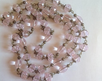 Long pink crystal glass necklace flapper necklace long necklace beaded necklace handmade necklace
