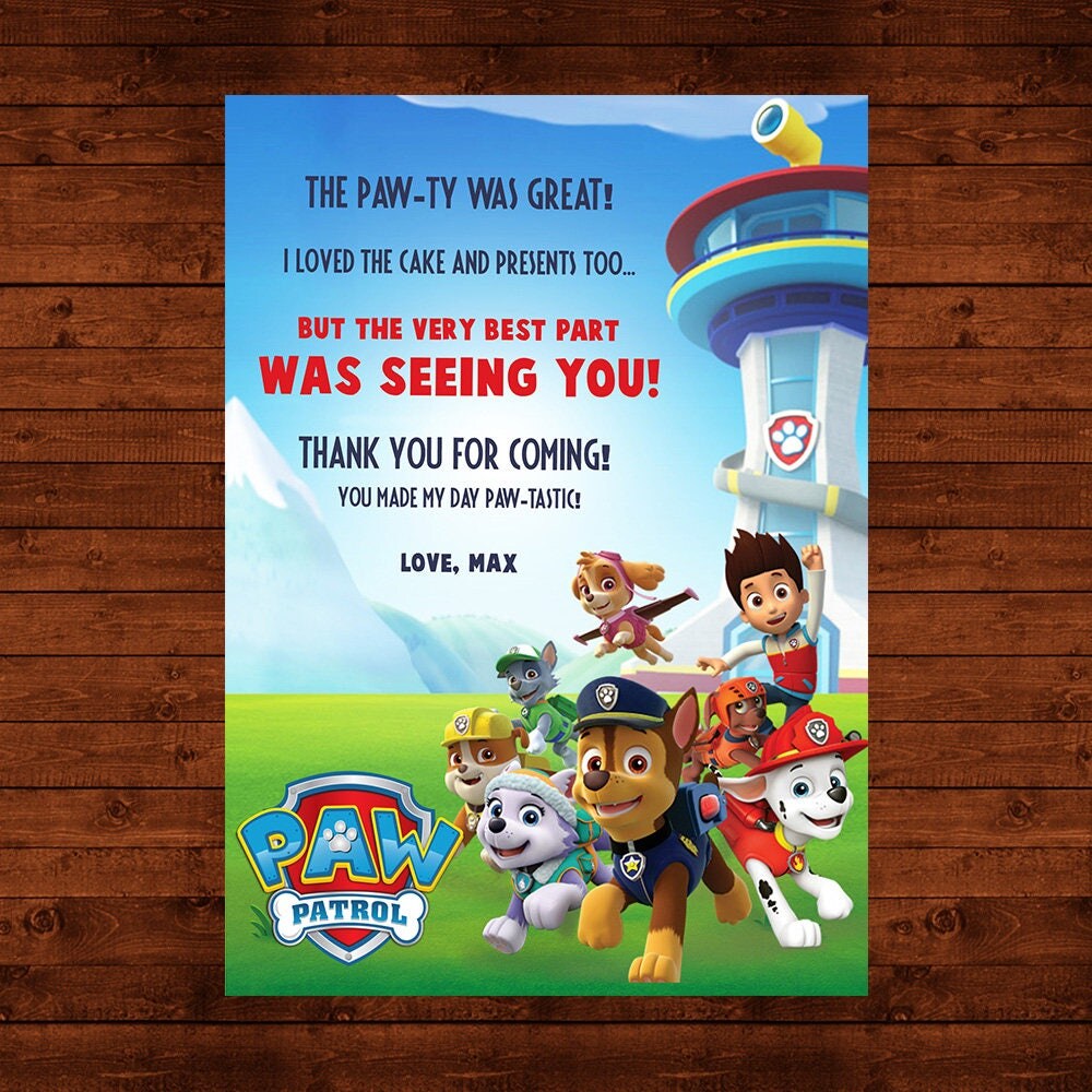 Paw Patrol Birthday Thank You Card Paw Patrol Printable Thank