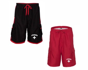 LifeGuard Striped Swim Trunks Shorts Guard YMCA Pool Staff