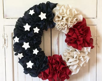 Patriotic Wreath, Burlap Wreath, Ruffle Wreath,American Flag, Red White and Blue, July 4th, Stars and Stripes, Country Wreath