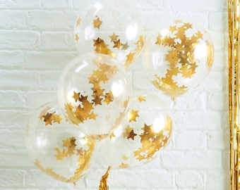 Gold Star Confetti Balloons, Holiday Season Balloons, Clear Confetti Balloons, Baby Shower, Hen Party, Christmas, Wedding, Party, 5 Pack
