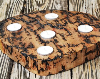 Large Wood Slice and 5 Tealight Candles w/ Lichtenberg Fractals