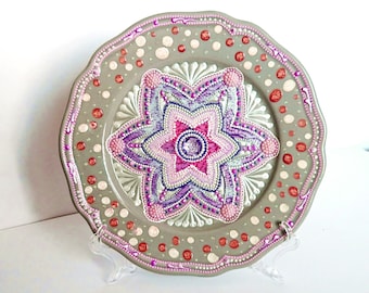 Handmade Gray Ceramic Wall Plate, Pottery Hanging Mandala Plate, Hand Painted Decorative Plate, Handmade Pottery Pink Plate for Hanging