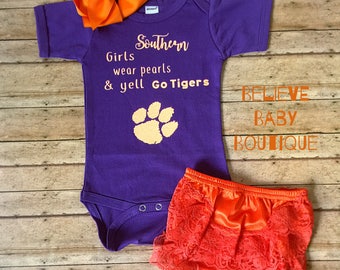 Clemson/ Boho Baby Outfit, clemson onesie, clemson baby outfit, tigers onesie, clemson tigers, clemson football baby, tigers baby
