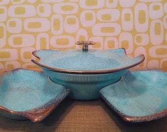 Vintage Turquoise California Pottery USA, Gold Leaf Bowl Set with Lazy Susan