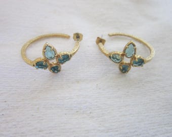 Gold Tone & Aquamarine Rhinestone Engraved Hoop Earrings