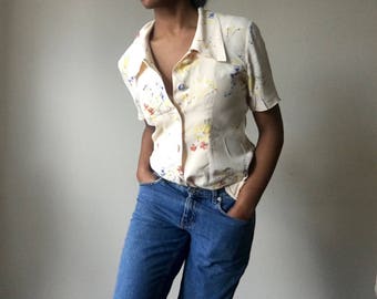 1960s Vintage Peach Floral Blouse Retro Floral
