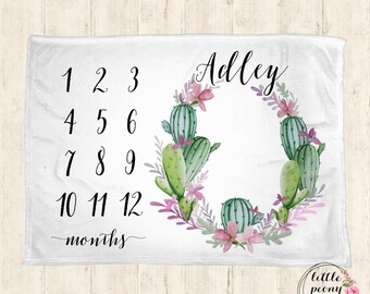 Baby Milestone Blanket - Cactus Succulent Floral Printed Minky Baby Milestone Blanket Calendar Photo Prop - 30x40, 50x60, 60x80