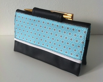 porte chéquier "japonais bleu et blanc" en coton enduit saki bleu et similicuir noir