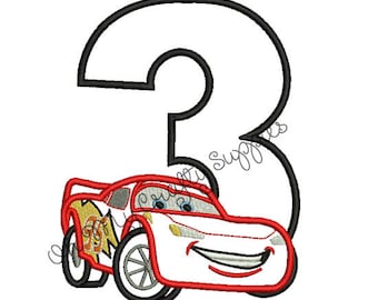 Red Race Car with number 3 Applique Embroidery Design