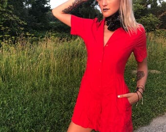 Playsuit Vintage 80s Romper Jumpsuit Red Buttons Pocket Tie Up Wide Leg Festival Sportswear Athleisure Shorts / Cherry Cola Romper