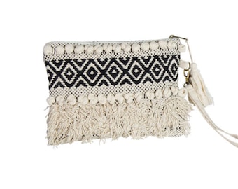 Black and White Macrame Boho Clutch