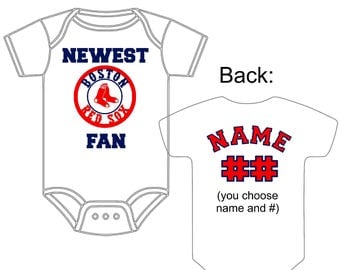 Newest Boston Red Sox Fan Custom Made and Personalized Baseball Gerber Onesie You Choose Name & Number - Great New baby or Shower Gift