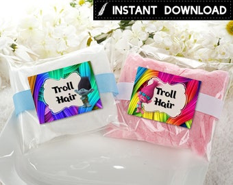 Instant Download - Troll Hair Trolls Cotton Candy Label Favor Label Stickers Poppy Branch Birthday Party Favors Printable DIY - Digital File