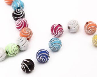 X 10 acrylic spiral round beads 8mm, mix colors