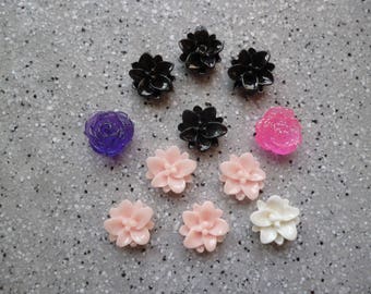 Lot de 11 Fleurs en résine de couleur 1 cm à coller, cabochon fleur, embellissement, scrapbooking, carterie
