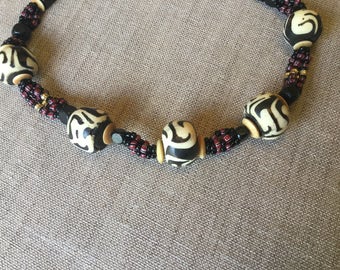 Ethnic necklace, African batik bone beads and spacer beads.