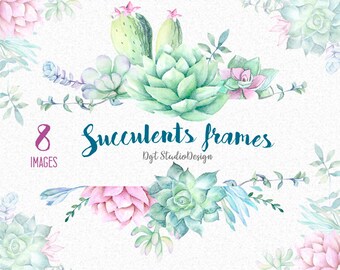 Watercolor clipart succulent frame wreath cactus elements separate flower lilac watercolor handpainted clipart wedding Clip art