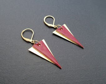 Burgundy red triangle - enameled jewelry earrings