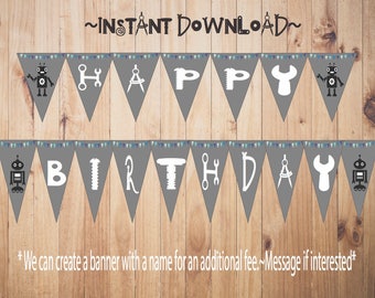 Printable Happy Birthday Robot Banner