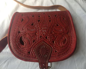 Hobo satchel shoulder 100% leather Burgundy red color with patterns