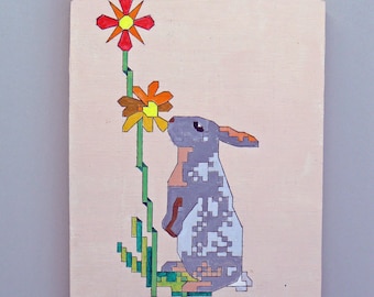 Original acrylic painting on wood: Bunny with flower