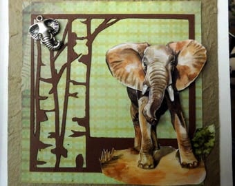 card 3D elephant on a tree Brown background