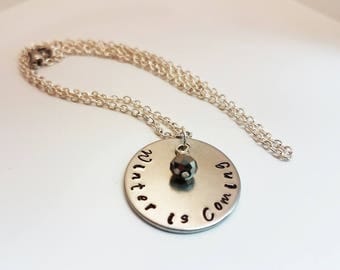 Games of Thrones Jewelry Hand Stamped Metal Jewelry Geek Books Winter is Coming Necklace