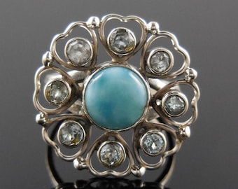 Larimar & blue topaz gemstones sterling silver ring - size 8