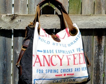 Fancy Feed for Spring Chicks and Hens - Open Tote - Americana OOAK Canvas & Leather Tote... Selina Vaughan Studios