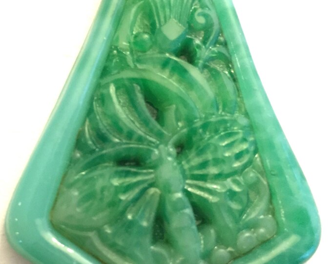 SALE 30% off Vintage Czech glass dragonfly flower cab cabochon pendant LaRgE jade jadeite chrysoprase green carved Bohemia stone (1)
