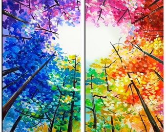 Original Landscape painting Forest skyline Art multi colors on gallery wrap canvas Ready to hang 48x48