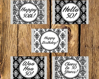 Printable 50th Birthday Black and White Damask Mini Candy Bar Wrappers - Instant Download