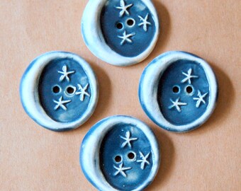4 Handmade Ceramic Buttons - Moon Buttons - Rich Denim Blue Buttons over White Stoneware - Rustic Buttons for Button Bracelets or Handknits