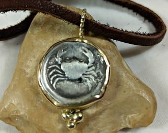 Ancient Greek Coin Pendant, solid 18 kt gold ancient coin necklace , Ancient coin Jewelry, Cancer horoscope necklace
