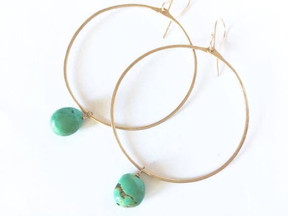 Large gold hoops with turquoise