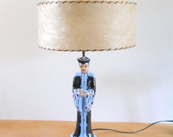 Vintage Asian Figural Lamp • Mid Century Kitsch Lamp • Fiberglass Shade • 1950's Vintage Black and Blue