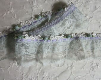 Vintage Like Ruffle Pleated Tulle Green Lace w Satin Rose Bud Flower Pink Ribbon Trim Doll Baby Clothing