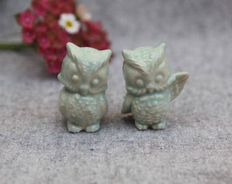 Owl Wedding Cake Topper - Two Little Owls in Stoneware with Aqua Glaze